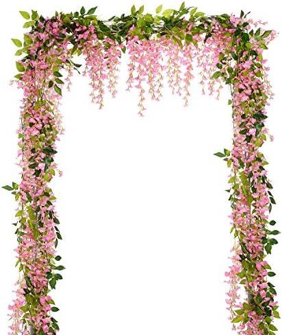 Lvydec Wisteria Artificial Flowers Garland, 4 Pcs Total 28.8ft Artificial Wisteria Vine Silk Hanging Flower for Home Garden Outdoor Ceremony Wedding Arch Floral Decor (Pink)