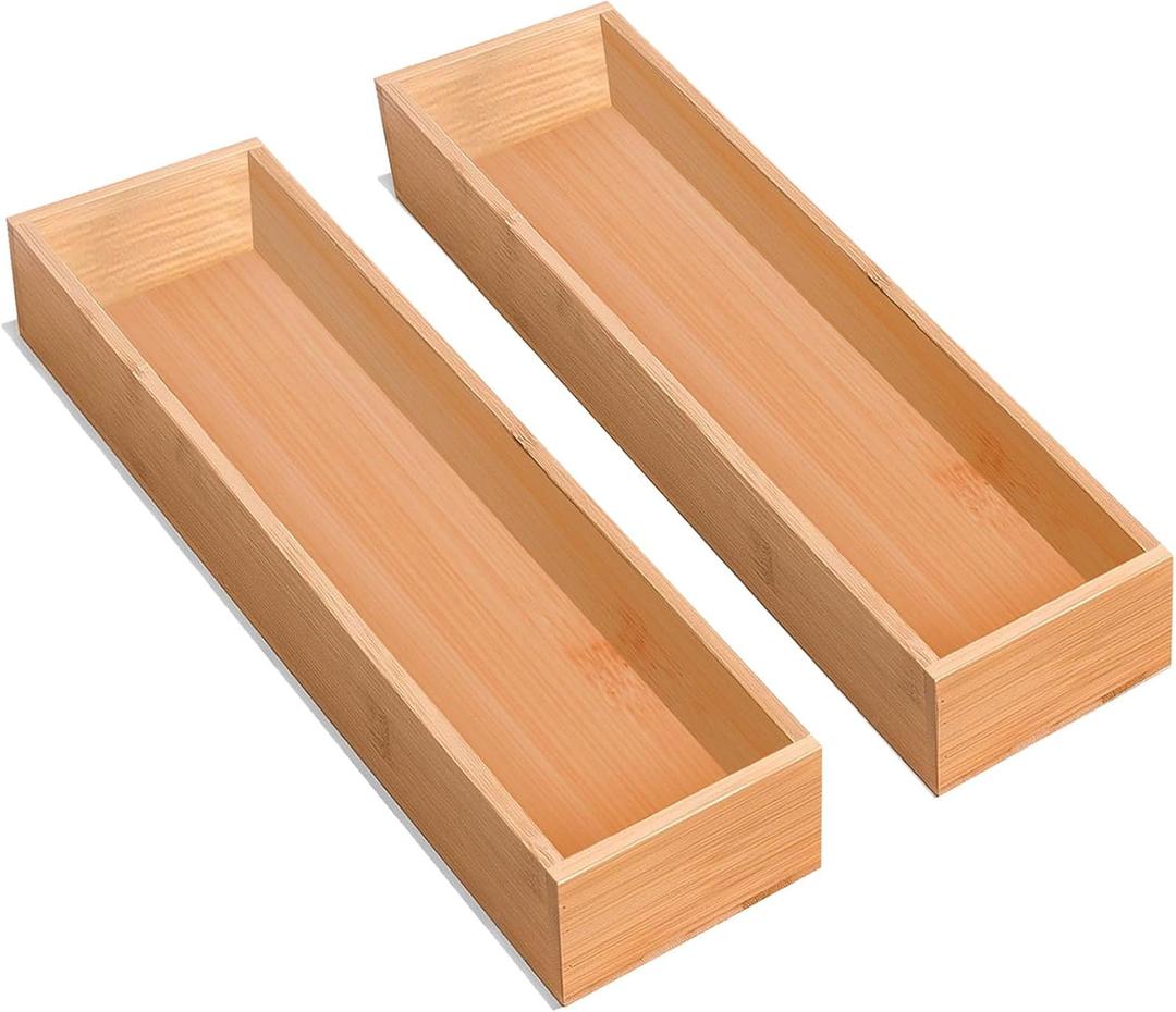 Silverware Drawer Organizer, Utensil Organizer, Bamboo Storage Box Wood Tray for Drawer Set of 2 (11.6" x 3.15" x 1.8")