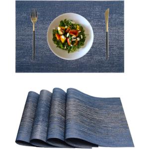 Placemats,PlasticVinyl Washable Heat-Resistant Durable PVC Non-Slip Woven for Kitchen Dining Table Mats (Set of 4, Navy)