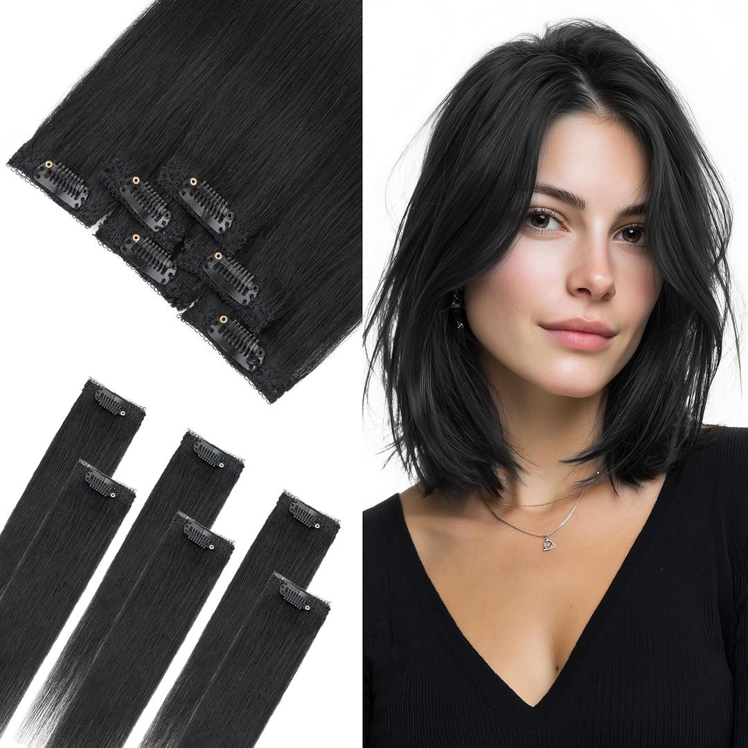6pcs 6 Clips in Short Hair Extensions Human Hair Mini Clip ins Hair Extension Clip on Hair Pieces for Add Volume and Highlights Straight Remy Hairpiece 33g-12 Inch#1Jet Black