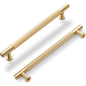 SALISENG- Solid Brass Kitchen Cabinet Pulls, 5 Pack Brushed Gold Drawer Handles, 6-3/10 Inches Hole Distance,Modern Furniture Hardware Door Handles for Closet Cupboard Wardrobe(Arina) (6-3/10 Inch Hole Centers)