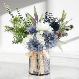 Fake Flowers in Vase, Artificial Flowers Blue Faux Flowers for Vase, Silk Flowers Blue Flowers Table Centerpieces for Dining Room, Kitchen, Office, Farmhouse Decor - Blue White (Grey)