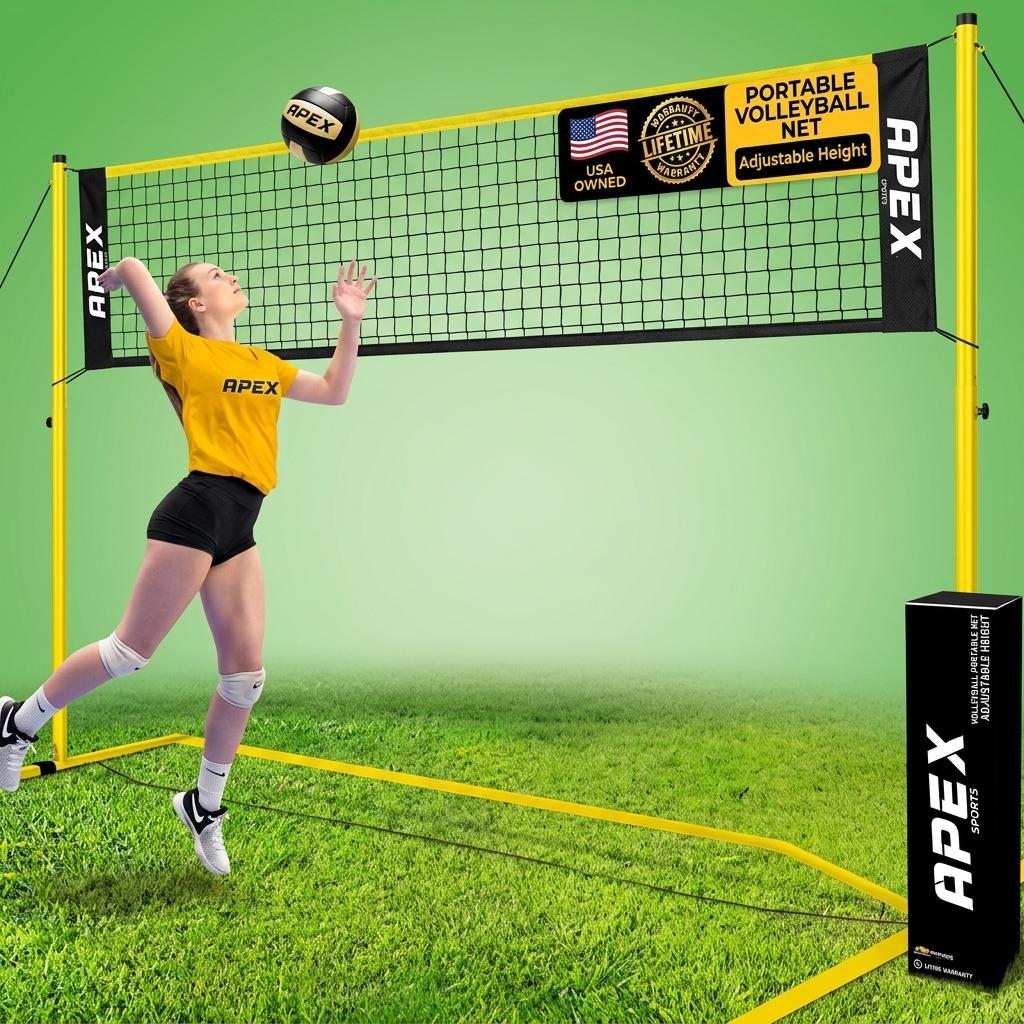Apex Sports Volleyball Net Training 12' Wide, Portable Adjustable Height 7.4' to 8' Includes Ground Stakes, Carry Bag Indoor & Outdoor Use, Designed by Pro Athletes for Peak Performance