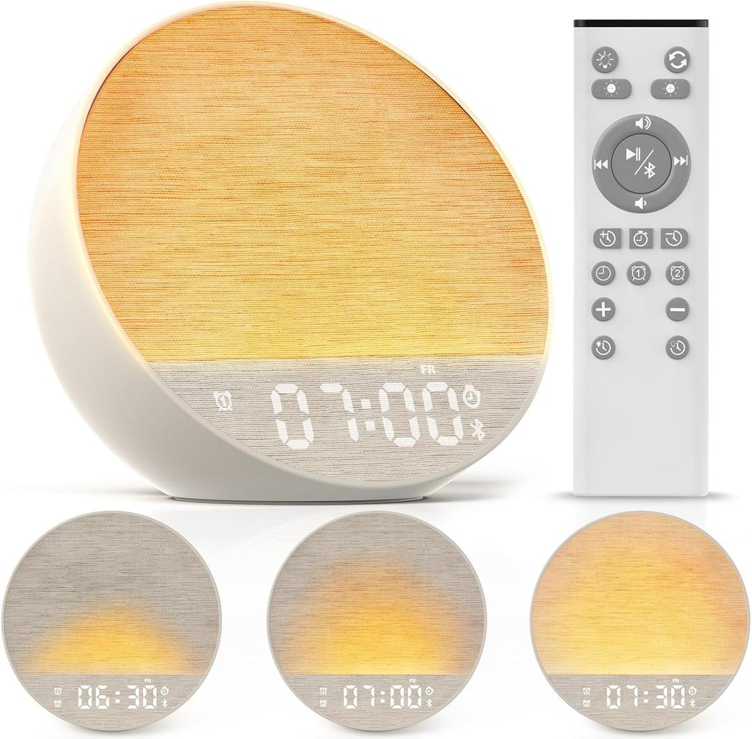 Tap-to-Snooze Sunrise Alarm Clock with Sound Machine, 36 Sounds White Noise Machine for Sleeping Adults, Gradual Sunrise Clock with Bluetooth Speaker & Remote Control, 15-Color Night LightPutty