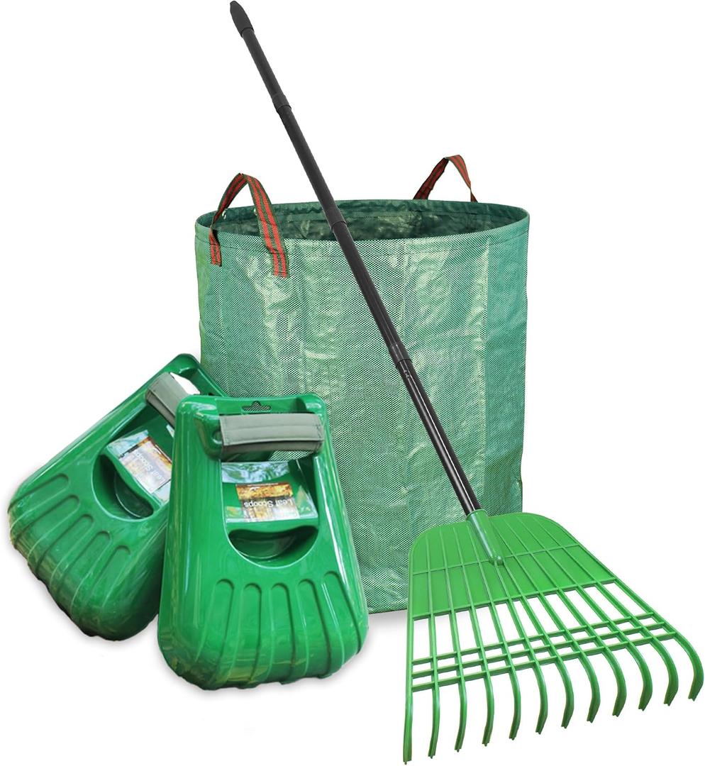 6 x Gardzen Rake for Leaves and Hand Scoops Set, 67 inch Adjustable Long Handle, Crack Resistant Modified PE Rake & Scoops, Comes with Wrist Pads, 72 Gallon Bag, Gloves