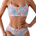 YIMISAN Women's Two Piece Swimsuit Floral Print Bikini Sets Spaghetti Straps Scoop Neck Mid Waist Cheeky Bathing Suit Size L