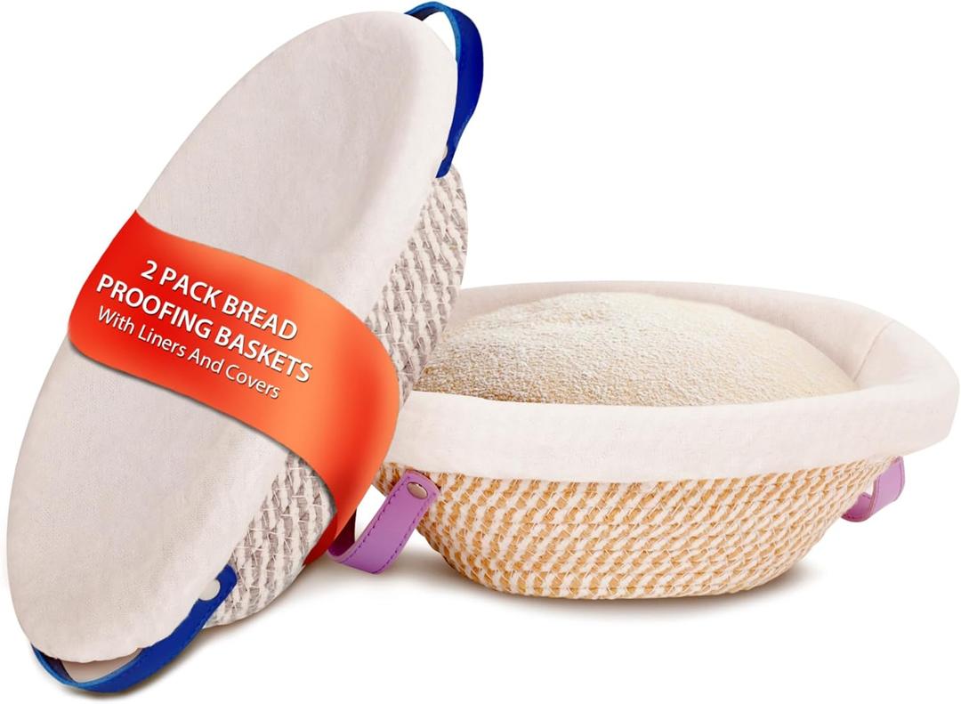 Banneton Bread Proofing Baskets 2 Pack - Round & Oval Handwoven Cotton Rope Sourdough Proofing Baskets, with Removable Liners & Covers, Artisan Homemade Bread Baking Supplies