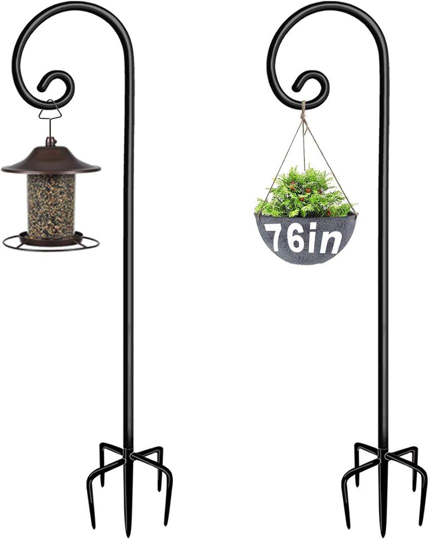 Artigarden Outdoor Shepherd Hooks 76 inch Tall for Bird Feeder (2 Packs), Adjustable Metal Garden Poles for Hanging Plants Solar Light Lantern, Bright Black