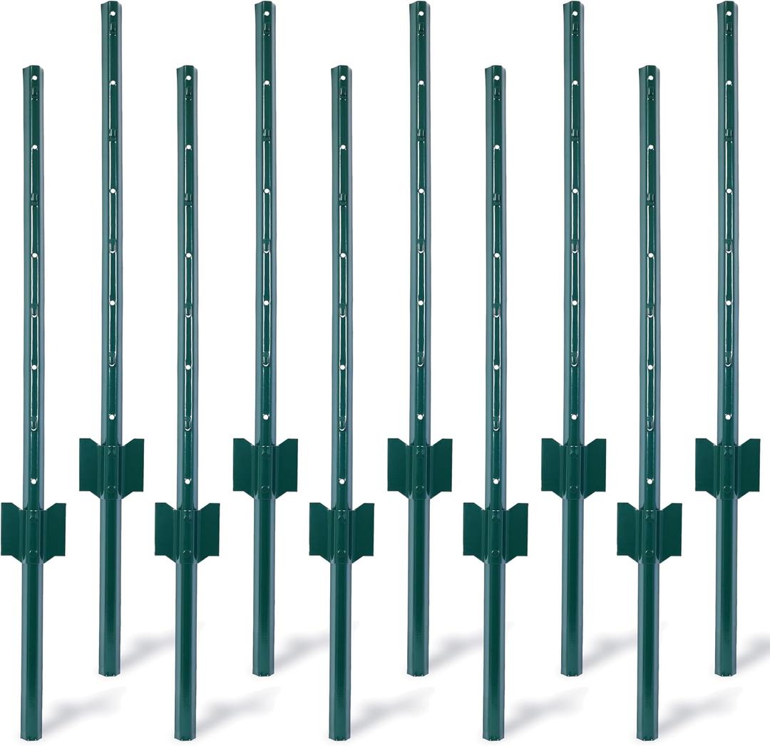 10Pack 3 Feet Fence Posts - Heavy Duty Metal Fence Post with U-Channel | Steel Fence U-Post for Holding Garden Wire Fence, Corner Anchor Posts Green