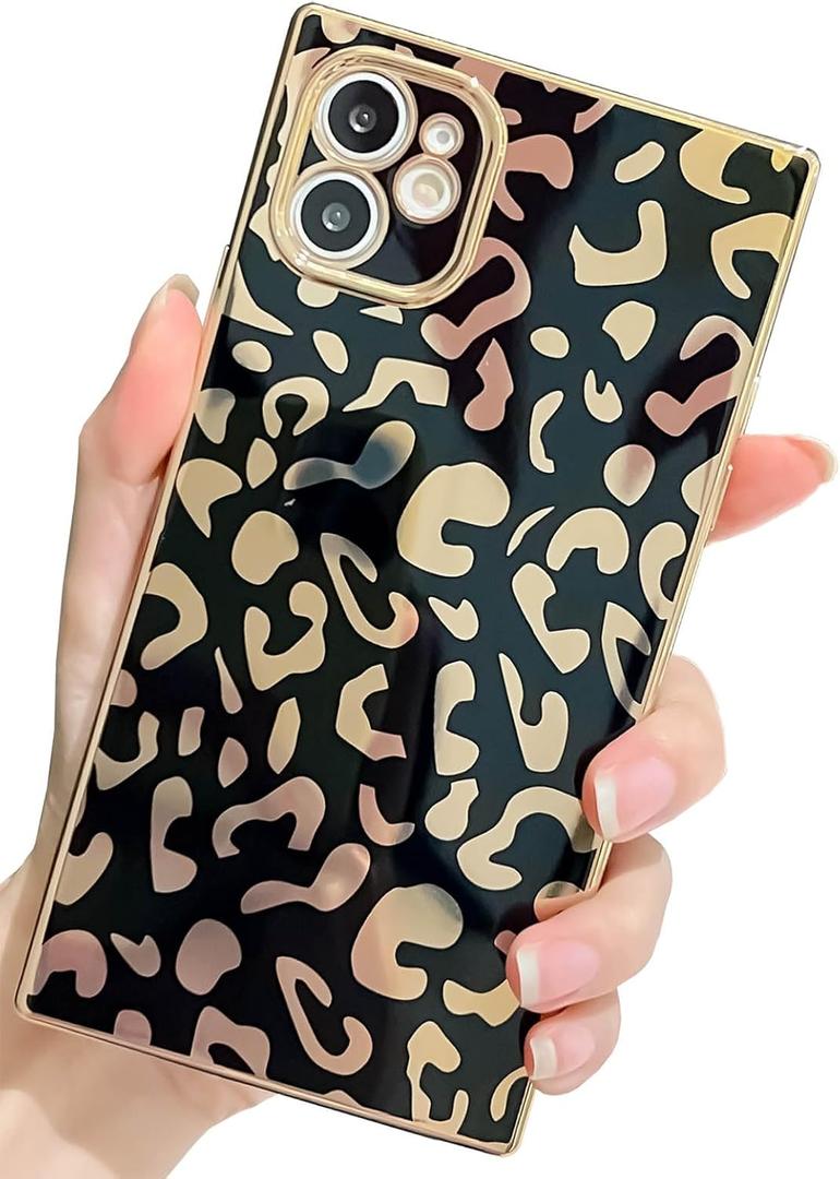 KERZZIL Elegant Compatible with iPhone 11 Rectangle Edge Case, Cute Luxury Leopard Pattern Plating Case Camera Protector Soft TPU Shockproof Protective Corner Back Cover(Black)