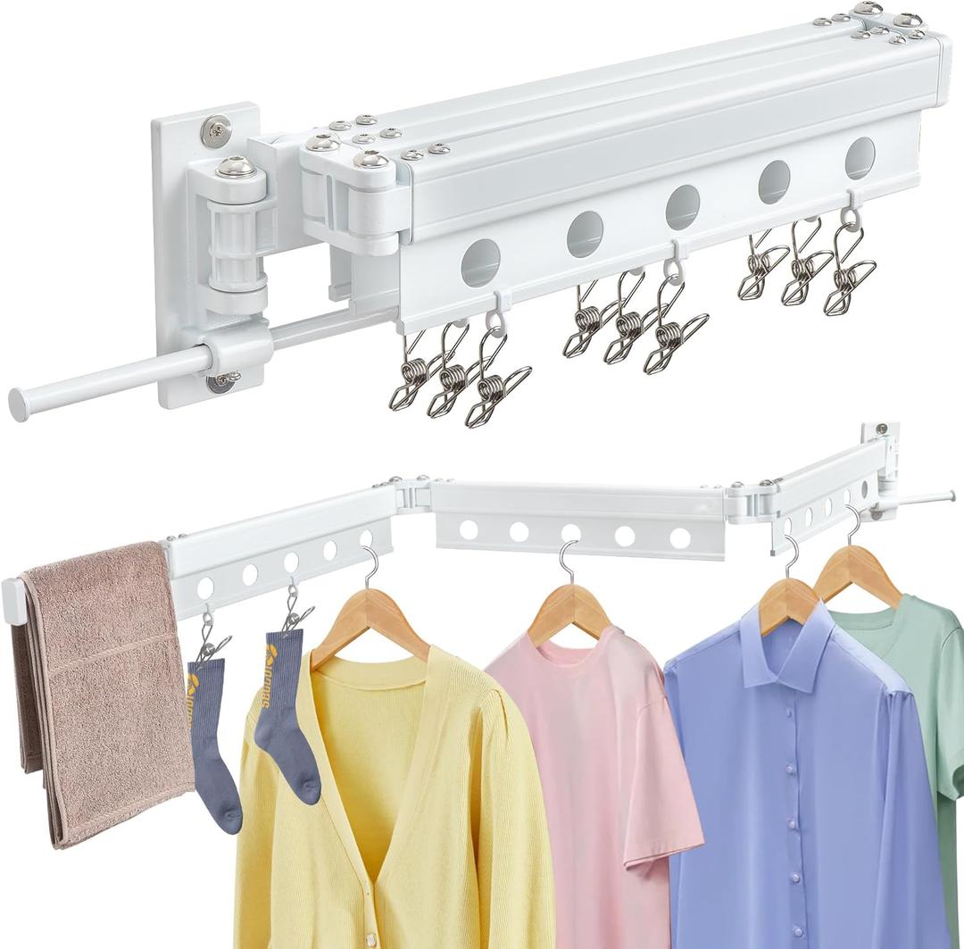 ZOFGENOW Clothes Drying Rack Wall Mounted, Retractable Space-Saving Aluminum Foldable Laundry Drying Rack for Indoor & Outdoor Use - Laundry Rooms, Bathroom & Balconies, Includes 10 Clothespins(White)