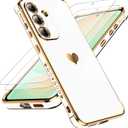 LeYi for Samsung S25-FE 5G Case: [   ] Tempered Glass Screen Protector [2 Pcs]+ Full Camera Lens Protection,Love Heart Plating Women Luxury Shockproof for Galaxy S25 FE, White