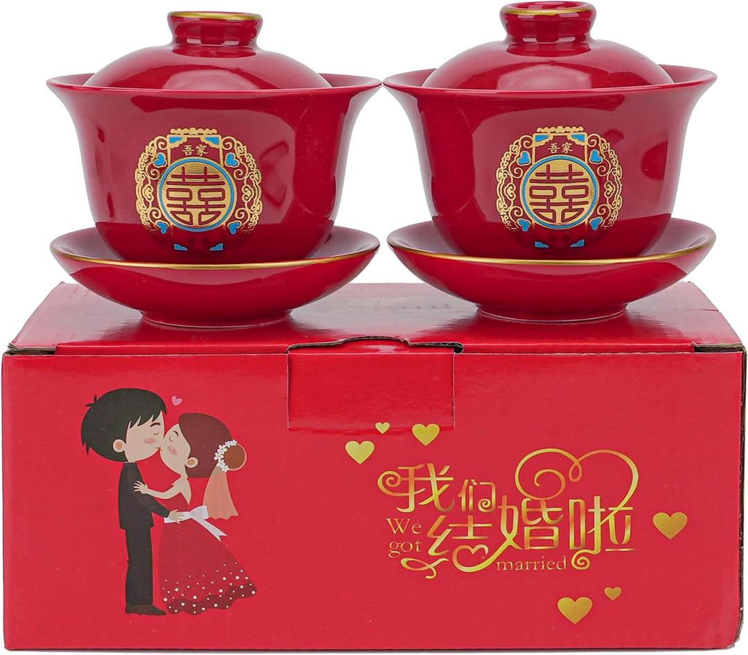 Chinese Red Tea Cup Set, A Pair Wedding & Party Ceremony Supplies, Ceramic Double Happiness Cups, Traditional Wedding Party Dcor, Kung Fu Tea Cup and Saucer with Lid, Fengshui