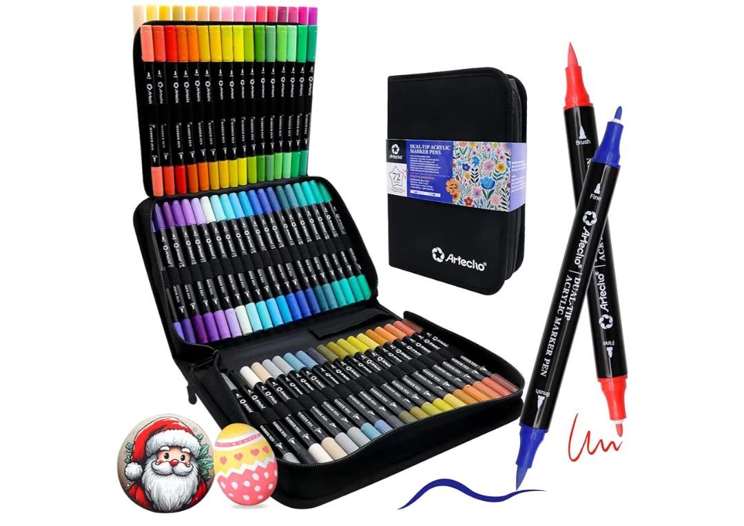 Artecho Acrylic Paint Markers 72 Colors with Bag, Acrylic Paint Pens with Brush Tip and Fine Tip for Stone, Rock Painting, Paper, Pumpkin, Wood, Egg, Canvas, Ceramic, Fabric, leather, Glass