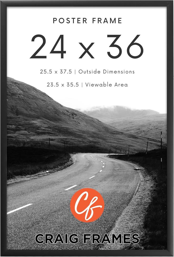Craig Frames 24x36 Poster Frame  Matte Black 1WB3BK Style, 1 Inch MDF Moulding, Clear Plexiglass Face, Backing Board, Wall Hanging Hardware  Modern Art or Print Display