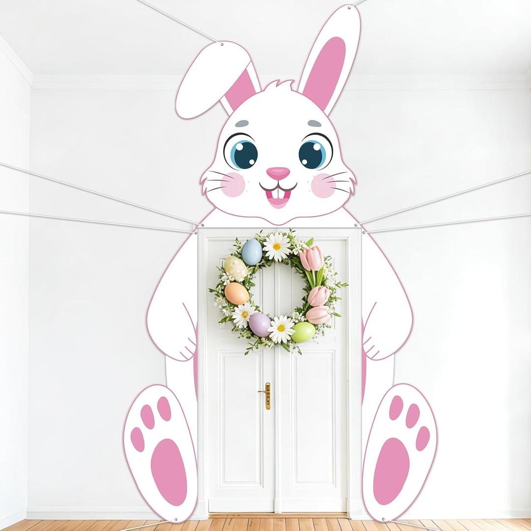 2 x Easter Bunny Door Banner Decorations Cute Cartoon Rabbit Hanging Porch Sign Banner Pink Giant Happy Easter Door Cover for Front Door Home Wall Garage Decor Spring Birthday Baby Shower Party Supplies