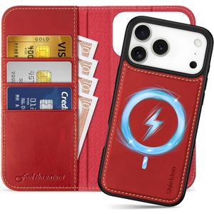 SHIELDON Detachable Wallet Case for iPhone 17 Pro Max 6.9" | Genuine Leather | Flip Magnetic Closure | Wireless Charging | RFID Blocking Credit Card Holder | Kickstand | Shockproof Cover | Retro Red