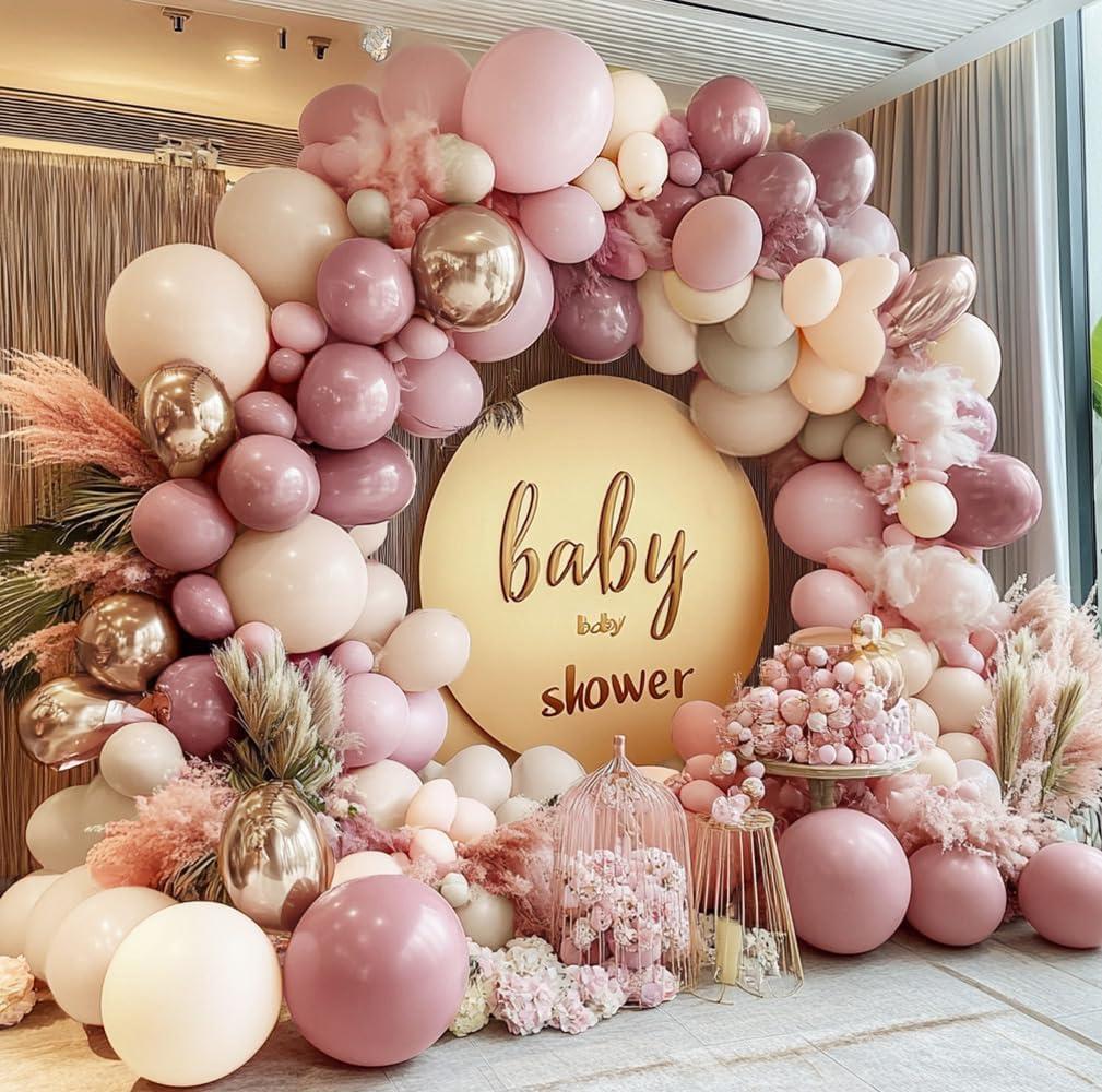 Dusty Pink Rose Balloon Garland Double Stuffed Mauve Light Pink Latex Blush Nude Beige Champagne Gold Balloon Arch Kit for Boho Birthday Baby Bridal Shower Neutral Wedding Party Decor