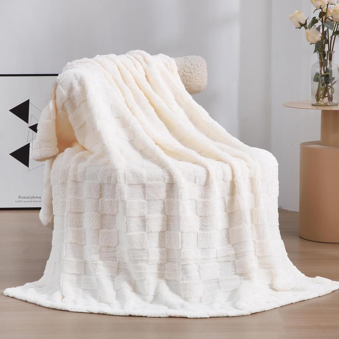 Cream White Fleece Throw Blanket 50x60 for Couch Sofa Bed,Super Soft Cozy Plush Microfiber Flannel Blanket with 3D Checkered Design Lightweight for Adults,Woman,Girls