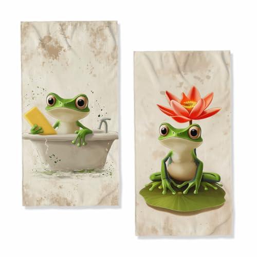 JLSTK Cute Frog Hand Towels, 2-Piece Set, 28"L x 14"W, Polyester, Cute Frog Pattern, Absorbent, Soft, Casual, Ideal for Bathroom, Kitchen, Home, Spa, Gym, Travel, Cute Frog