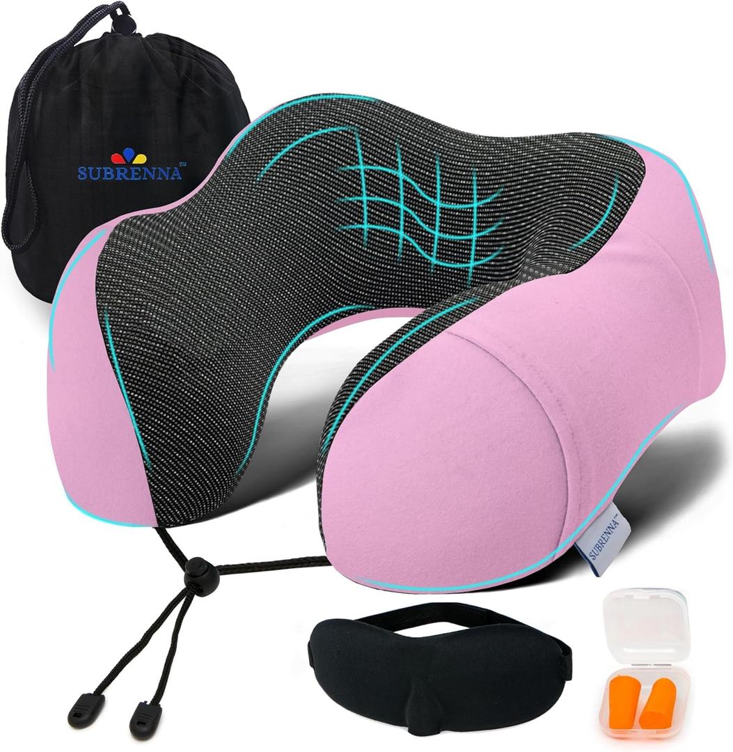Adjustable Travel Pillow for Neck Support & Comfort, Lightweight Memory Foam Travel Neck Pillow for Sleeping - Washable & Breathable Plane Pillow for Traveling with Eyemask, Earplug & Carry Bag (Dazzle Pink)