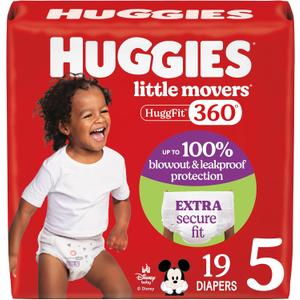 Huggies Size 5 Baby Diapers, Little Movers HuggFit 360° Baby Diapers with 360° Waistband, Size 5 (27+ lbs), 19 Count