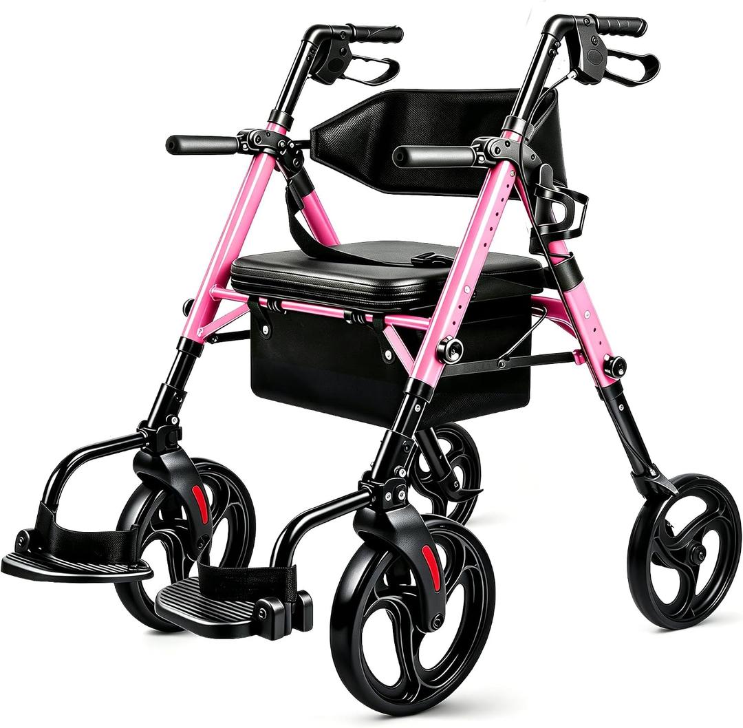 2-in-1 Rollator Walker Transport Wheelchair Combo for Seniors with seat | 10" all-terrain tires|300 lbs Capacity|Foldable|Wide padded seat with backrest|Hand Anti-tip brakes|Adjustable height, Pink