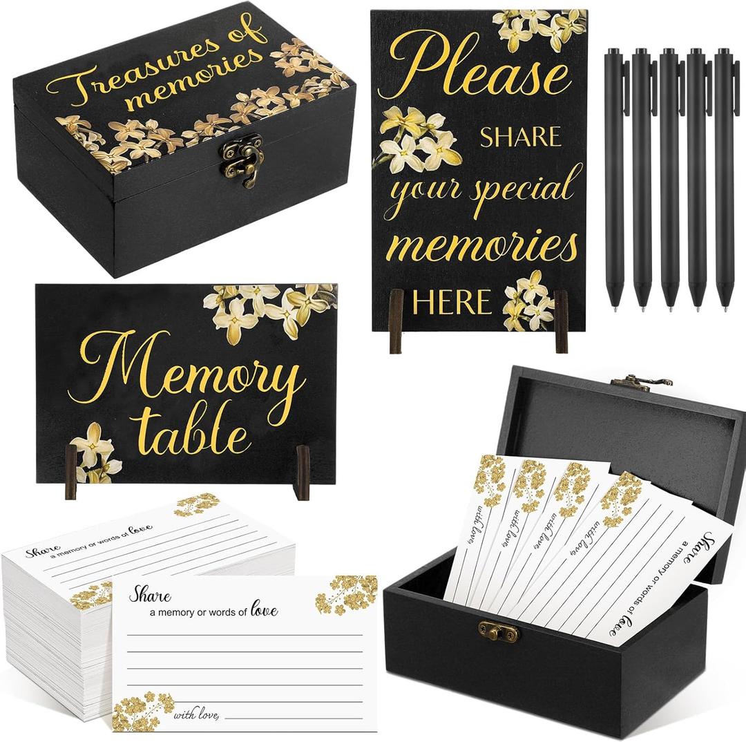 Share a Memory Card for Celebration of Life 100 Pcs Funeral Memorial Cards 2 Wood Sign with 4 Holds Memorial Box with Pen for Funeral Decorations (Forget Me Not Flower)