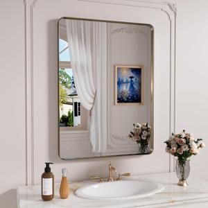 Bronze Bathroom Mirror 24x36 Inch, Brushed Bronze Metal Frame Mirror for Wall, Rounded Rectangle Bathroom Vanity Mirror with Tempered Glass, Anti-Rust, Horizontal/Vertical