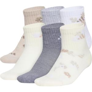 adidas Kids Cushioned Quarter Ankle Socks for Boys and Girls (6 Pairs) Durable & Comfortable (Large, Girls/Graphic/Wonder Beige/Cool Light Heather/Wonder White)