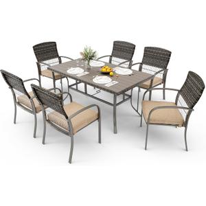 Pamapic 8504 Patio Dining 7 Piece, Outdoor Wicker Furniture Set for Backyard Garden Deck Poolside/Iron Slats Table Top, Removable Cushions, 7 Pack, Beige