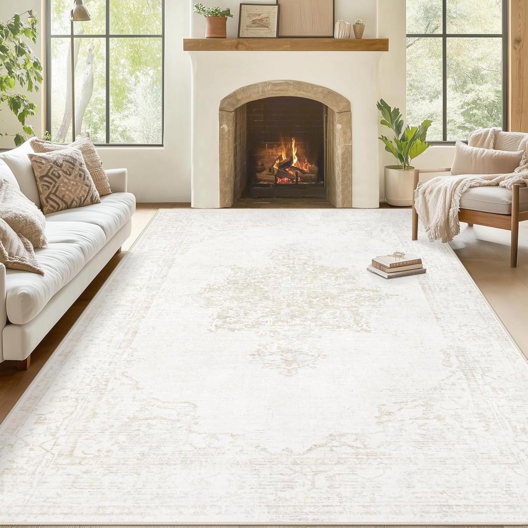 8x10 Area Rugs for Living Room, Washable Vintage Boho Rug Large Low Pile Soft Non Slip Rug Indoor Retro Carpet for Bedroom Dining Room Home Office (Beige, 8'x10')