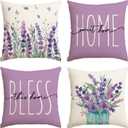 Spring Pillow Covers, Lavender Purple Throw Pillow Cases 18x18 Inch, Summer Seasonal Farmhouse Decorations for Sofa Couch, Home Sweet, Polyester Cushion Cases Set of 4