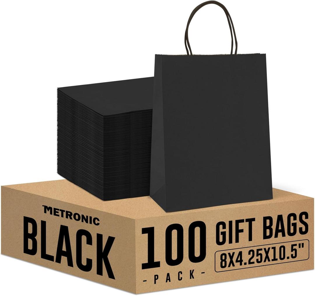 METRONIC Black Paper Gift Bags 8x4.25x10.5 Inches 100 Pack, Medium Kraft Shopping Bag with Handles for Business, Boutique, Party Favors, Retail Stores, Gift Wrap Bulk