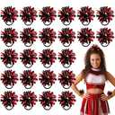 Shappy 24 Pcs 2 Color Mini Pom Poms Hair Ropes for Football Cheerleading 4 Inch Ponytail Holder for Team Spirit Sports Dance Cheer (Black Red)