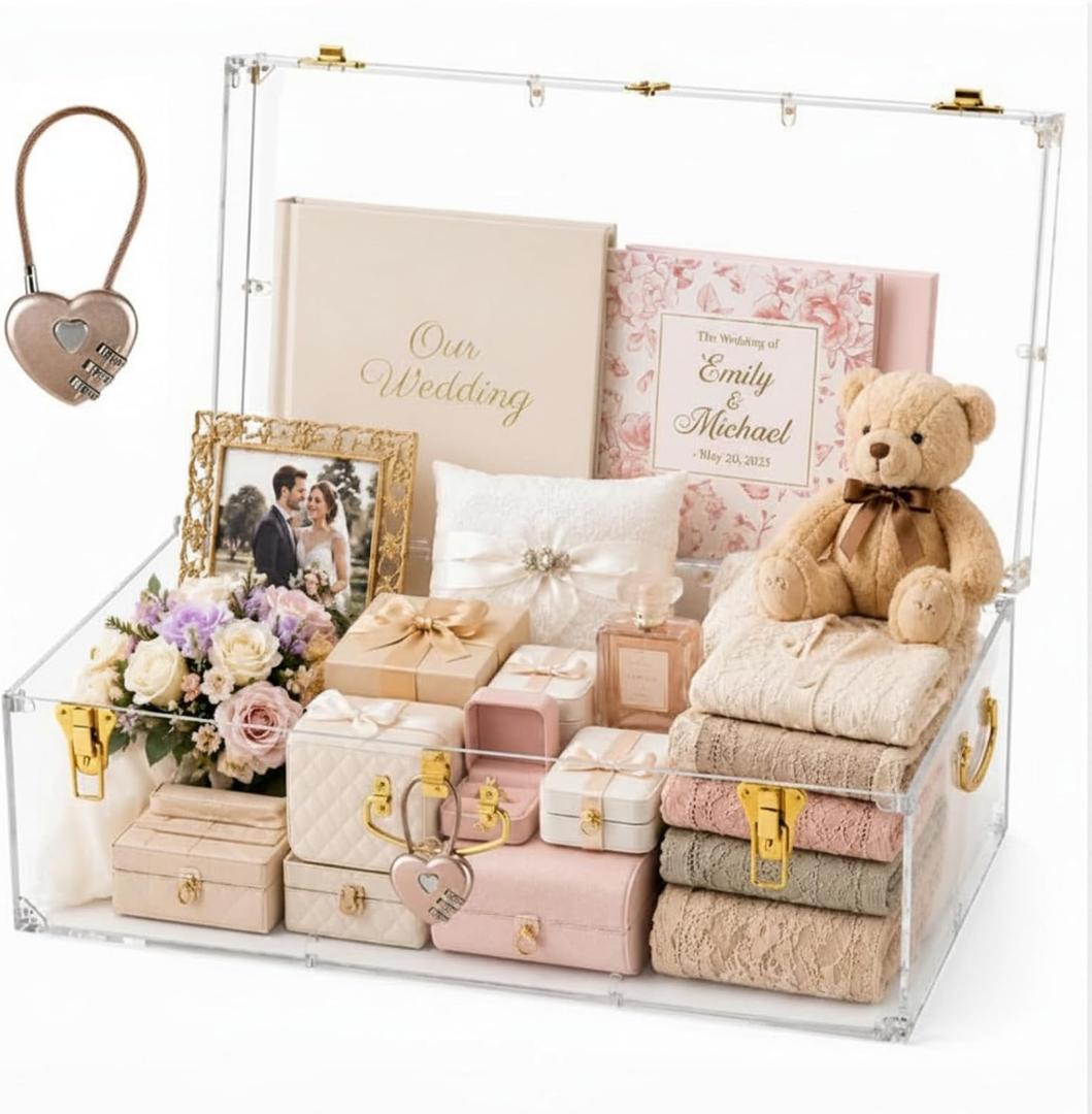 Novabright Clear Acrylic Keepsake Trunk with Heart Lock, 23.6 x 14.2 x 9.4"