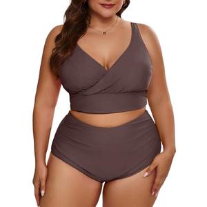 Eytino Womens Plus Size Bikini Sets V Neck Push Up Bikini Tops High Waisted Swim Bottom Solid 2 Piece Bathing Suits,3X Coffee