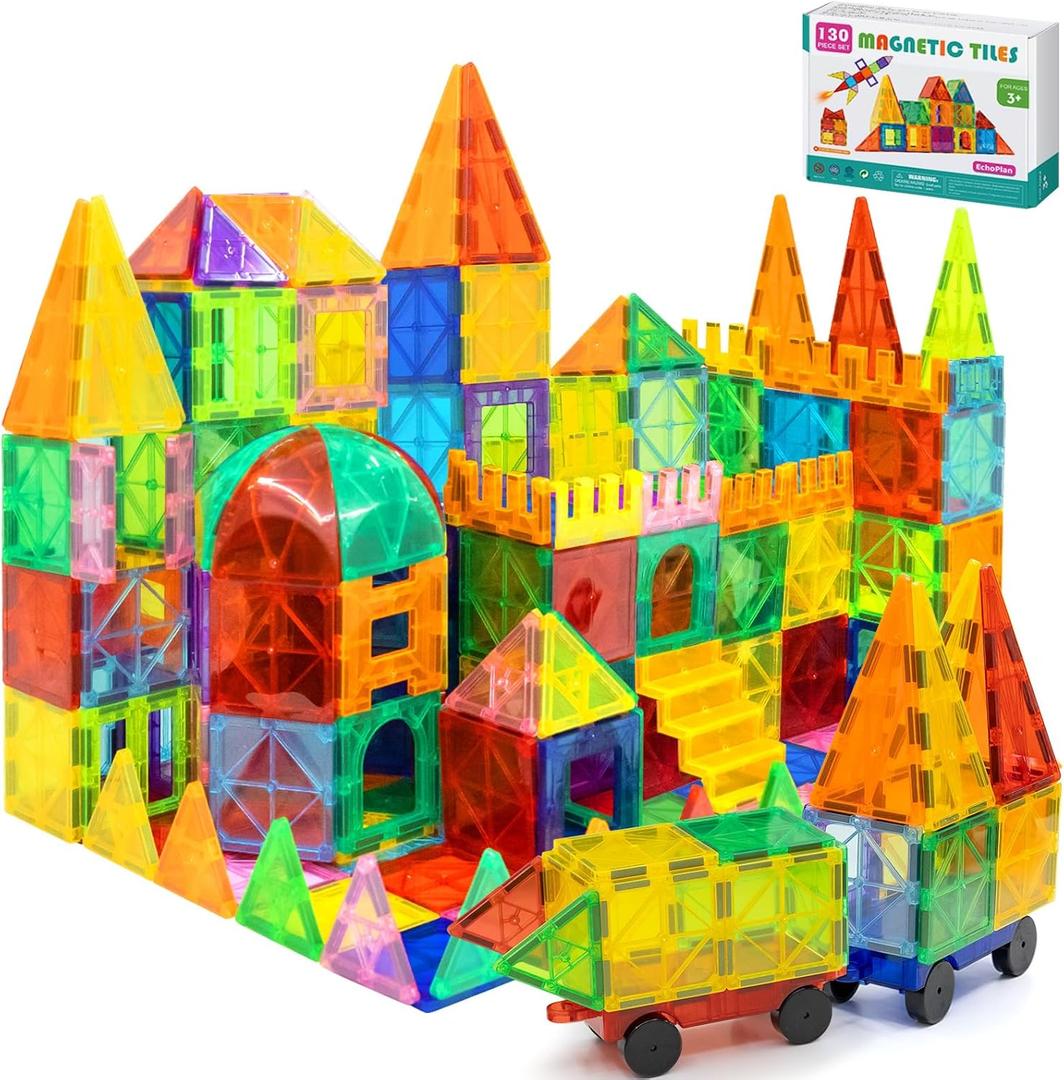 EchoPlan Magnetic Tiles,Deluxe 130 PCS Magnetic Blocks with 2 Cars,Magnet Tiles Building Blocks Set,STEM Preschool Sensory Educational Toys Gifts for Toddlers Kids Boys 3 4 5 6 7 8 9+ Year Old
