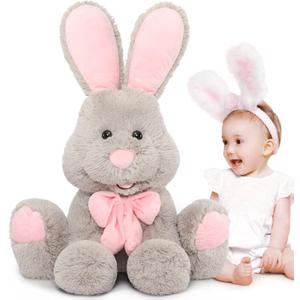 MorisMos Giant Bunny Stuffed Animal, 31.5'' Large Grey Rabbit Plush Toy with Pink Ears, Soft Toy for Girls/Boys, Ideal Gift for Easter, Halloween, Christmas, Cuddling, Snuggling (Gray)