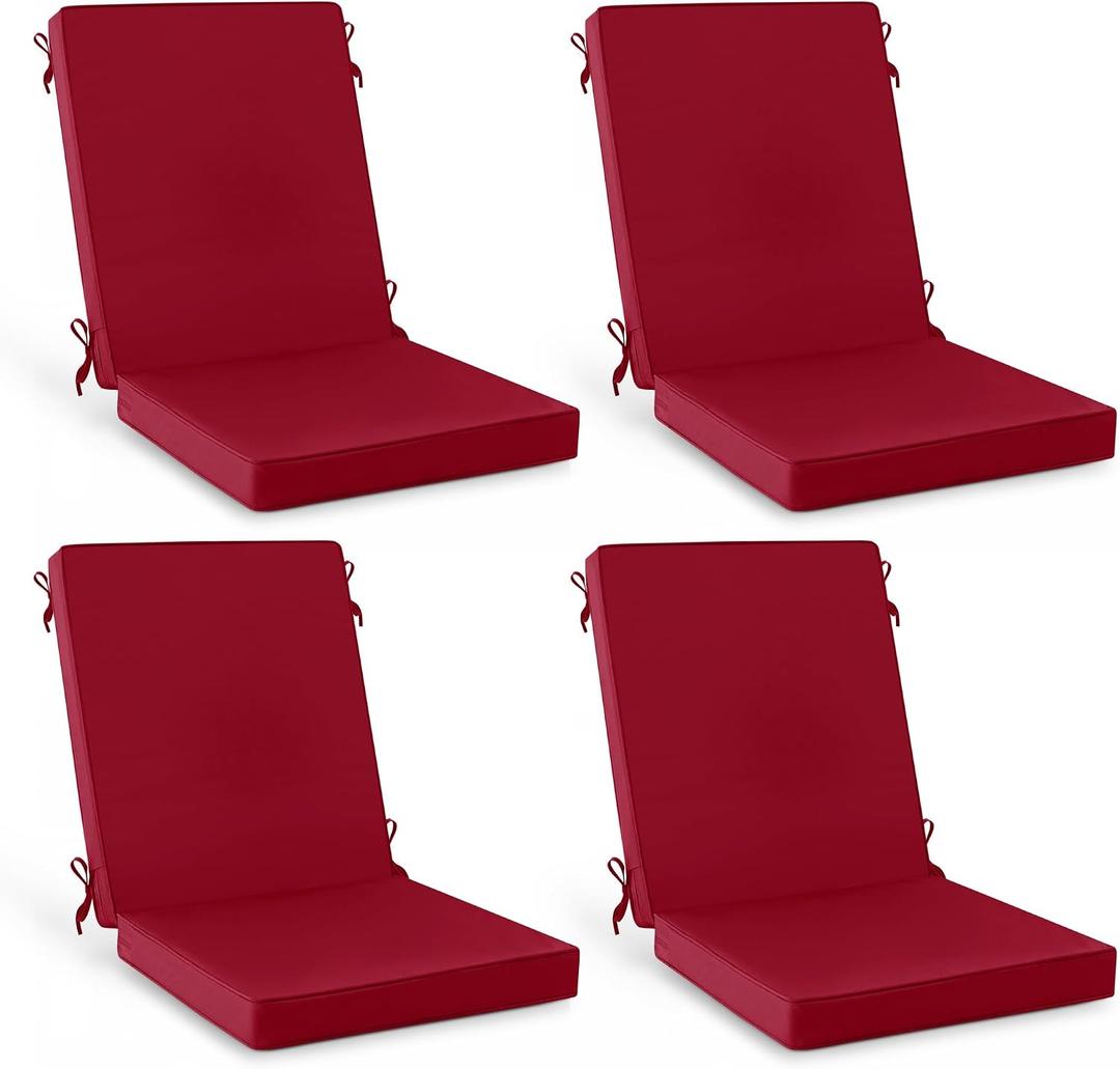 Summsun Patio Dining Seat Cushions, High Back Outdoor Chair Cushion with Water Resistant Removable Covers, Ties, Non-Slip Bottom for Garden Lawn Patio Furniture, 44 x 20 Inch, Burgundy, Set of 4