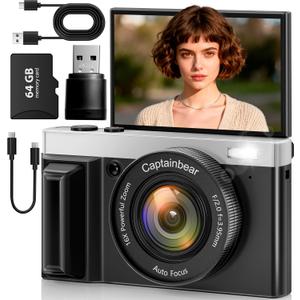 4K Digital Camera,64MP Cameras for Photography with 16X Digital Zoom, AutoFocus Vlogging Camera for YouTube, 3" 180Â°Flip Screen Compact Travel Camera, Anti-Shake 4K Video Cameras
