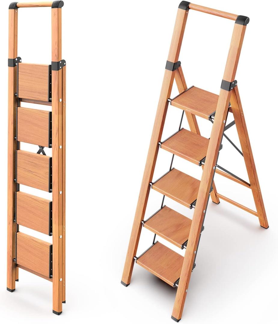 WOA WOA 5 Step Ladder, Ladders for Home, Anti-Slip Pedals, Aluminum Step Stool Foldable, Lightweight to Move, Ease of Storage, Reach 10ft for Closet Kitchen Library, Hold 300lbs - Wood Grain