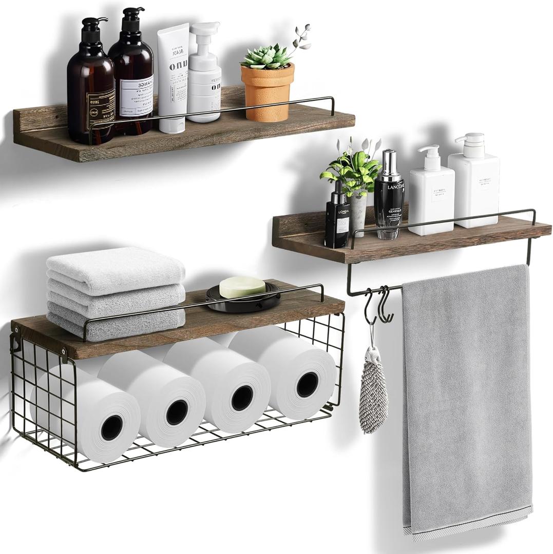 3+1 Tier Floating Shelves With Wire Basket, Towel Bar and Hooks - Wall Solid Wood Shelves for Bathroom, Living Room, Bedroom and Kitchen