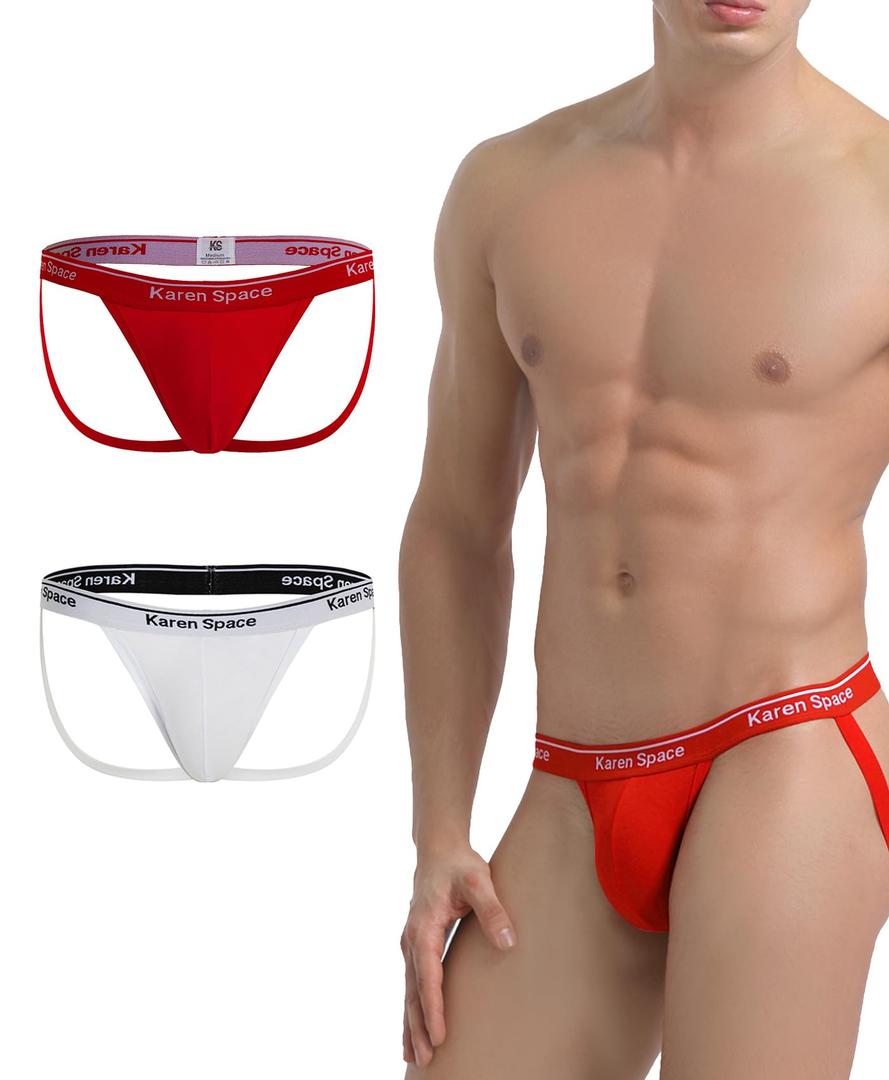 KAREN SPACE Sexy Athletic Supporters Men's Underwear Breathable Jockstrap Mens Cotton Thong,1908SD-2P-White/Red,Medium (M)