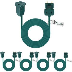 Kanayu 5 Pack 9 ft Green Indoor Extension Cord 2 Prong Electric Cord Extender, Wire Plug in and End, Ac 120 Volts, for Outdoor Christmas Connect or Extend String Lights