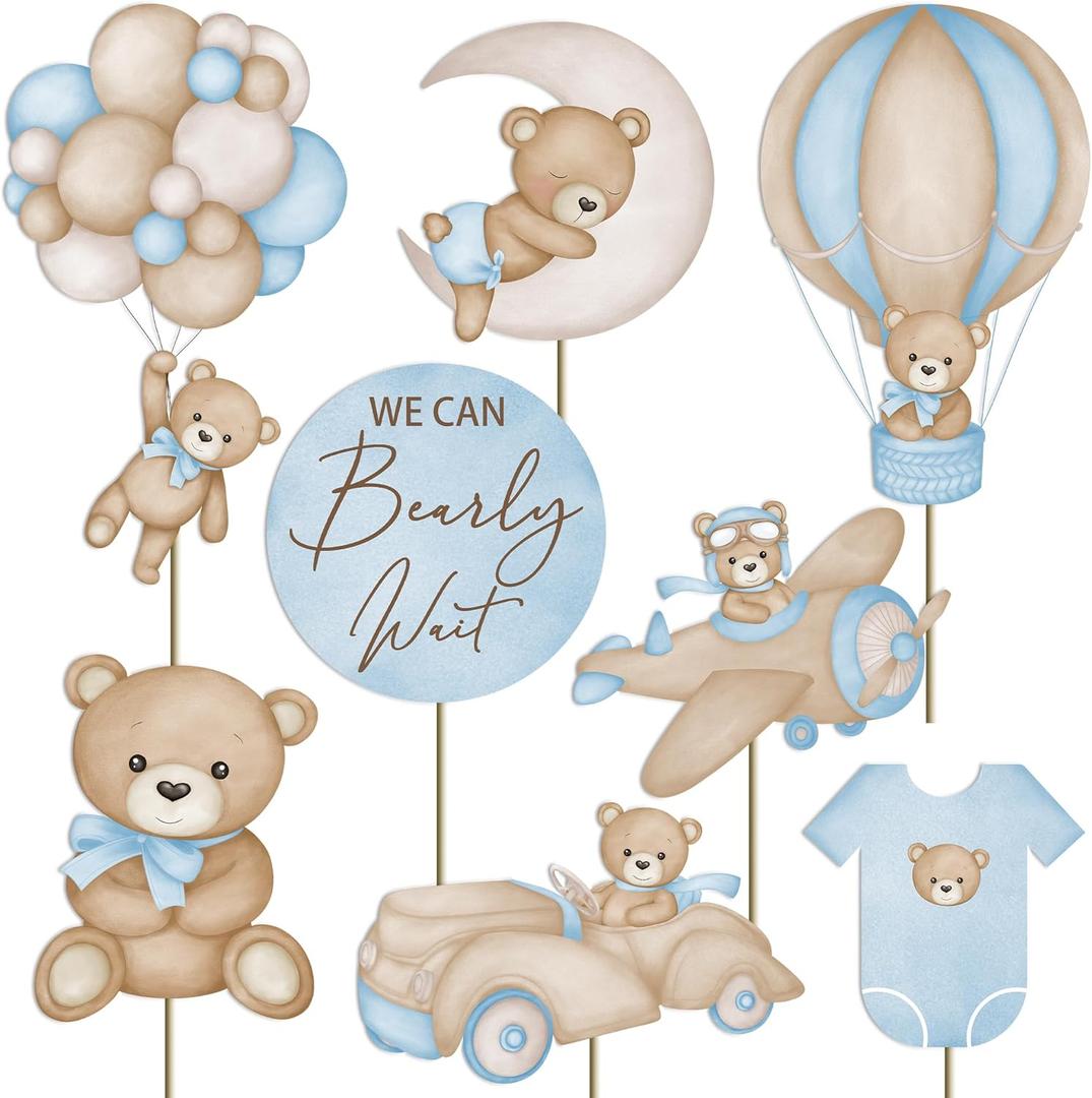 16Pcs We Can Bearly Wait Centerpieces for Baby Shower Decorations Blue Bear Baby Shower for Boys Birthday Party Supplies