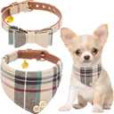 EXPAWLORER Dog Collar and Bandana Set - Classic Plaid Dog Bow Tie and Bandana Collar with PU Leather, Adjustable Collars for Small Medium Large Dogs Cats, Holiday Ideal Gift, Beige XS (Cream (2 Collars))