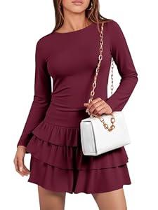 Wenrine Womens Fall Long Sleeve Mini Dress Casual Boat Neck Ruffle Hem Ruched Slim Fit Party Dresses Burgundy M