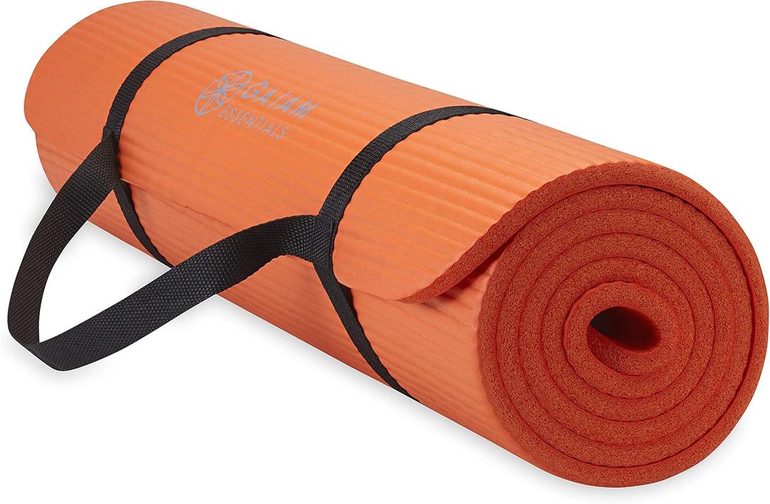 Gaiam Essentials 2/5" Thick (10mm) Yoga & Pilates, Fitness & Exercise Mat with Easy-Cinch Carrier Strap Cusion Support For Fitness and Gym Workouts (Orange)