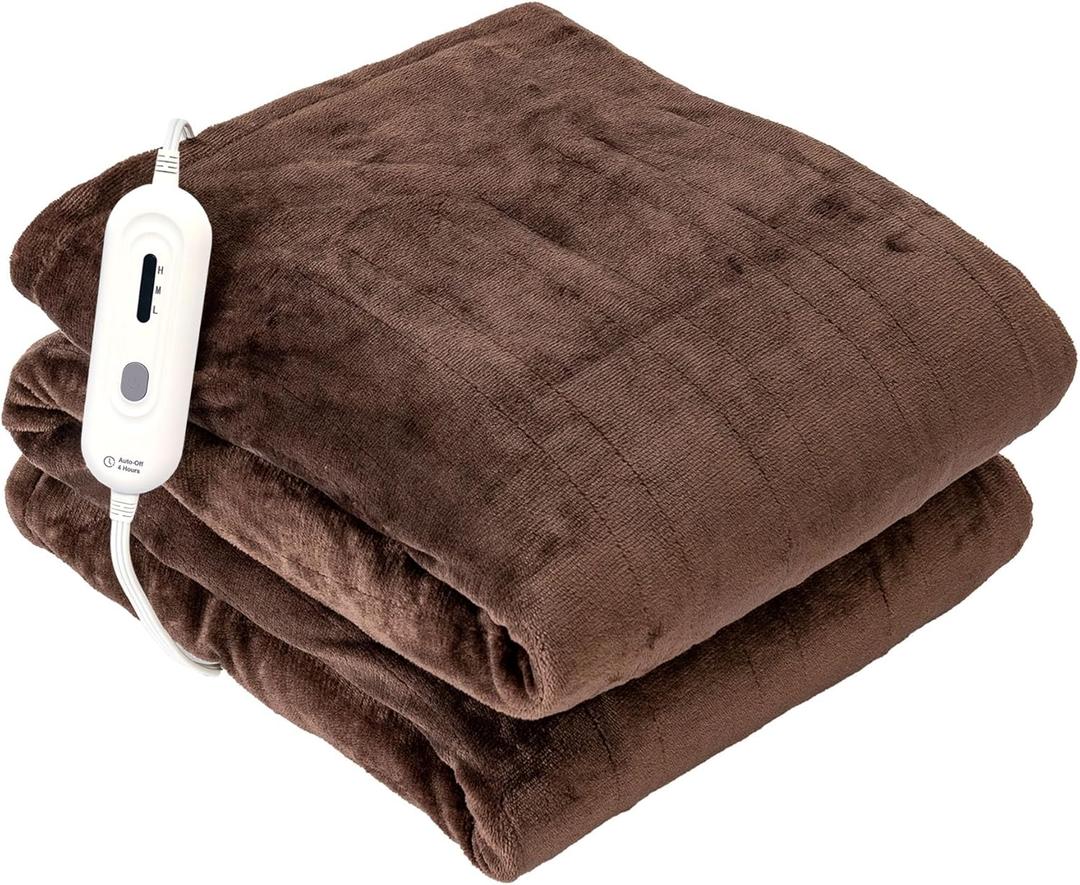 Tefici Electric Heated Blanket Throw, Super Cozy Soft 2Layer Flannel 50" x 60" Heated Throw with 3 Heating Levels & 4 Hours Auto Off, Machine Washable, ETL&FCC Certified, Home Office Use,Brown